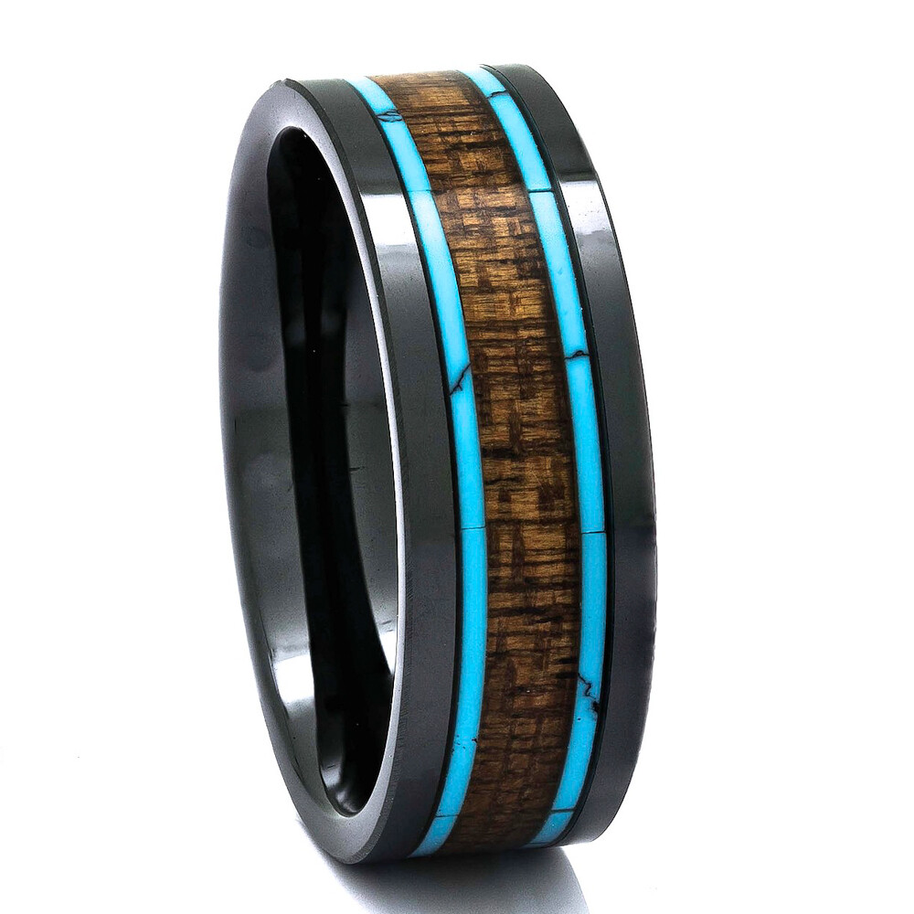 Black Ceramic Wood Ring With Turquoise Inlay, 8mm Comfort Fit Wedding Band