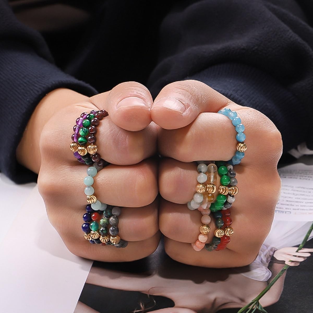 4mm Handmade Healing Stone Beads Ring with Elastic Stretchy Cord, One Size Fi…