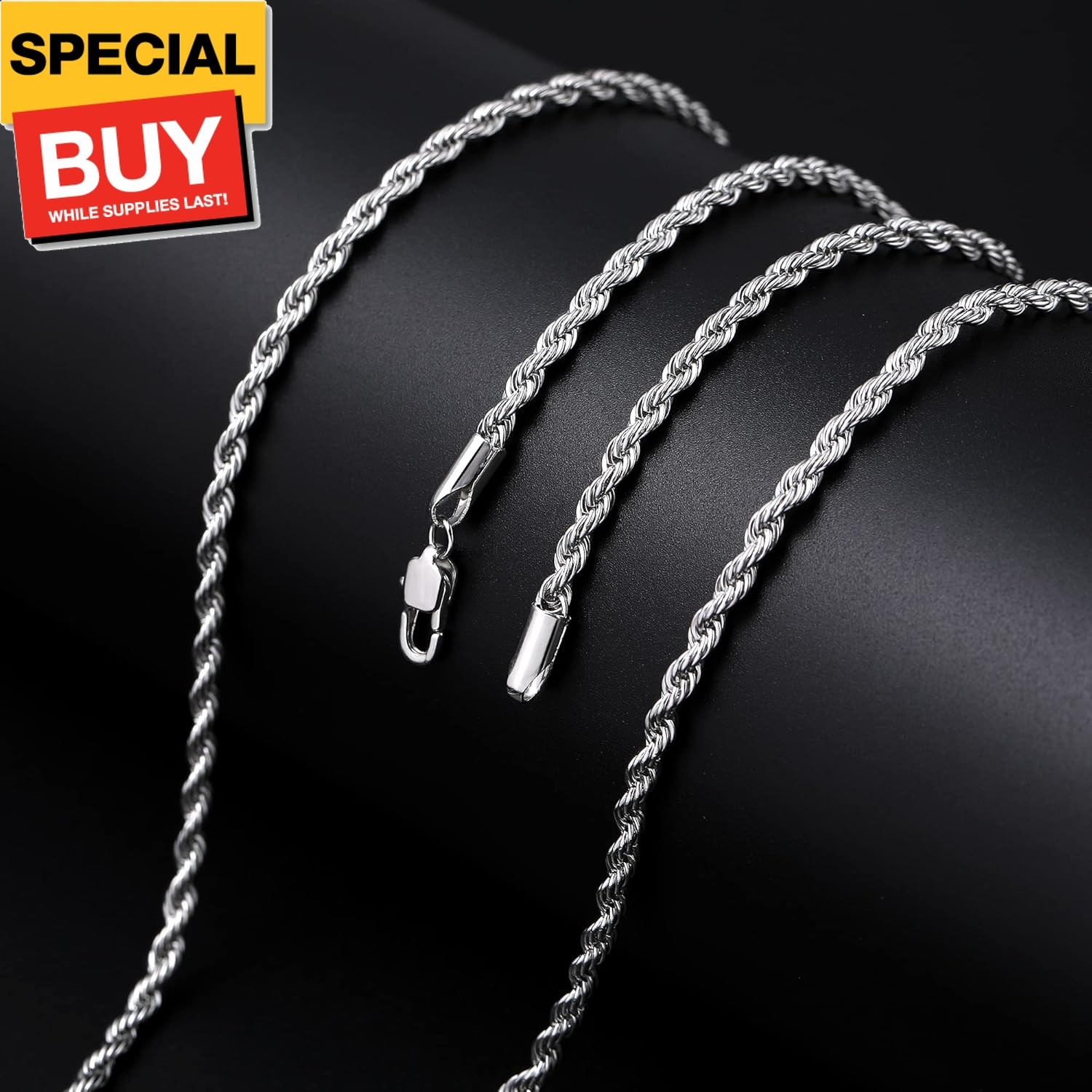 3mm Rope Chain Necklace for Men, Silver Tone Mens Chain Necklace, Stainless Stee