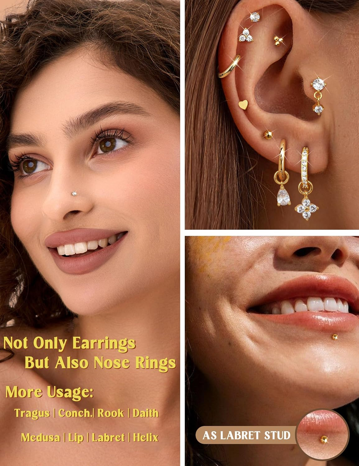 20G 18G 16G Threadless Flat Back Earrings Stud -316L Surgical Steel Push in Nose