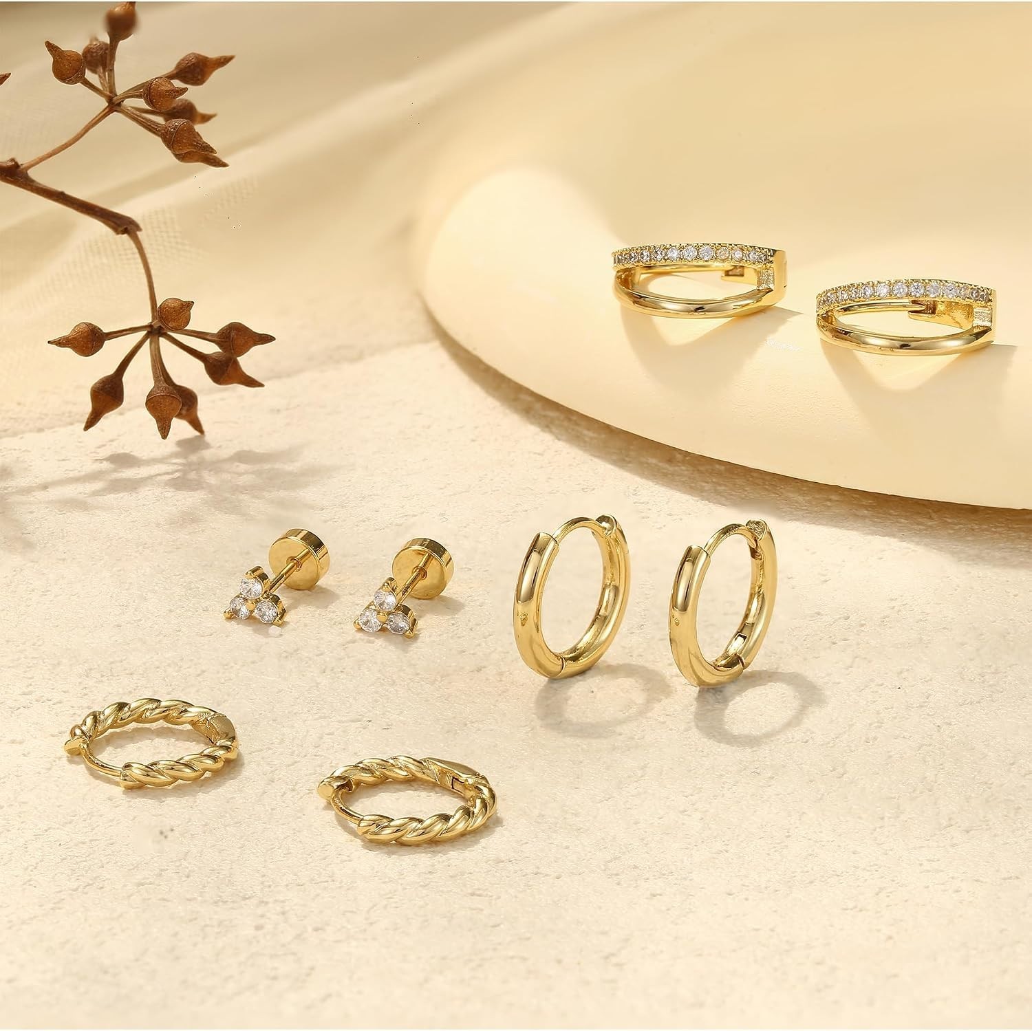14K Gold Plated Dainty Huggie & Stud Earrings Set for Sensitive Ears – 4 Pairs