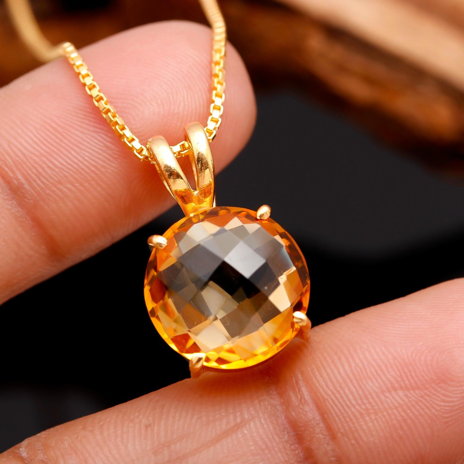 Natural Citrine Quartz Round Chain Pendant Gold Fill 925 Sterling Silver Jewelry