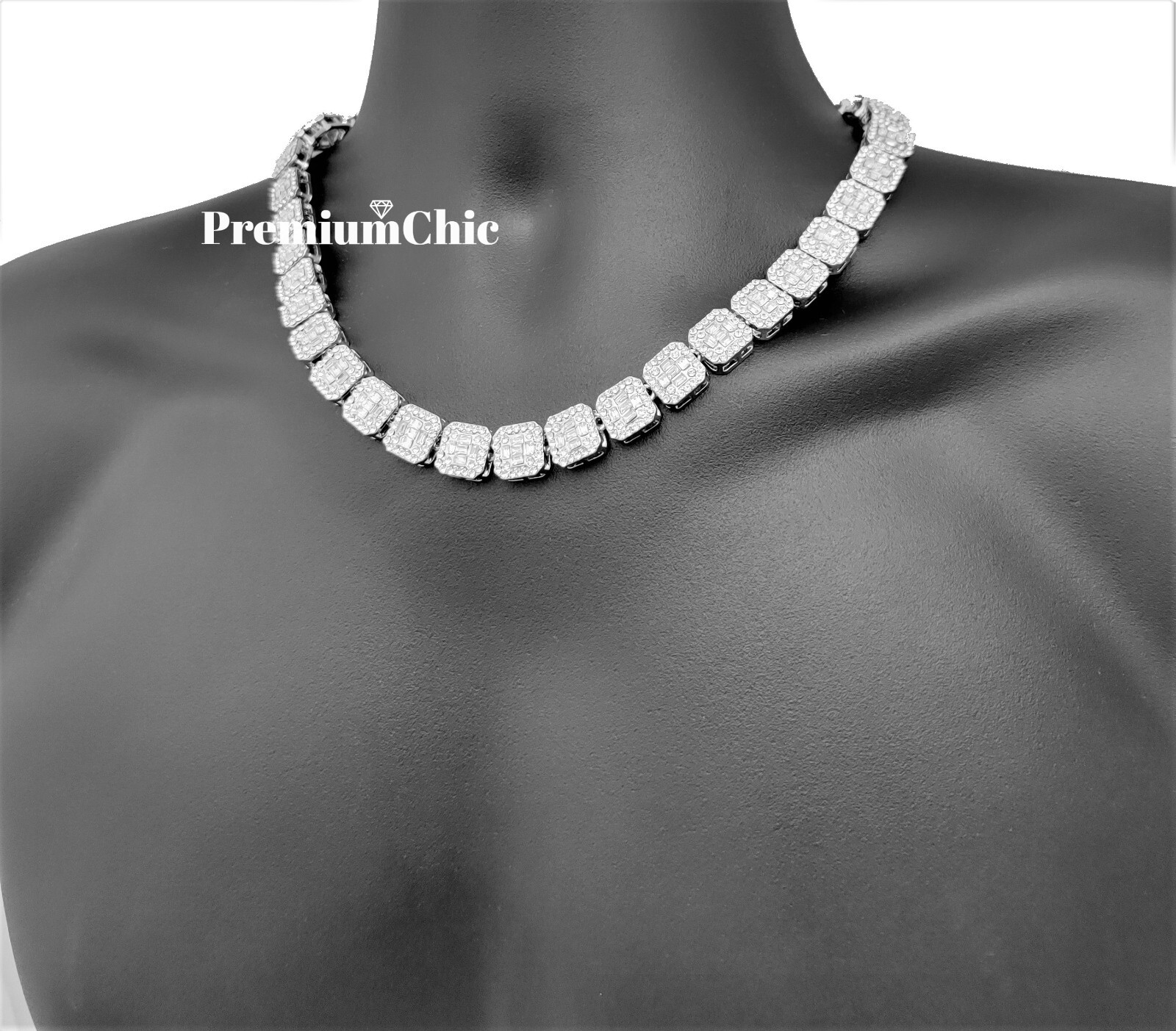 Iced Baguette Cluster Tennis Chain Necklace Plated CZ Men HipHop Fashion Jewelry