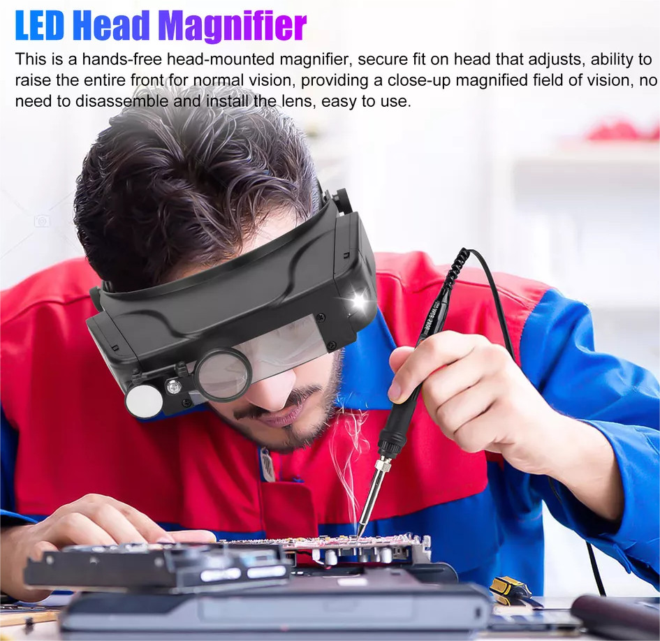 Headband Magnifier LED Light Head Magnifying Glass Visor Jeweler Reading Repair