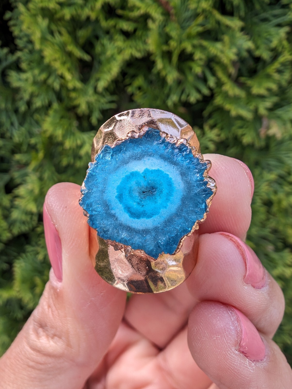 Artisan Handmade In Morocco Adjustable Blue Geode Wide Band Gold Ring Size 8.75