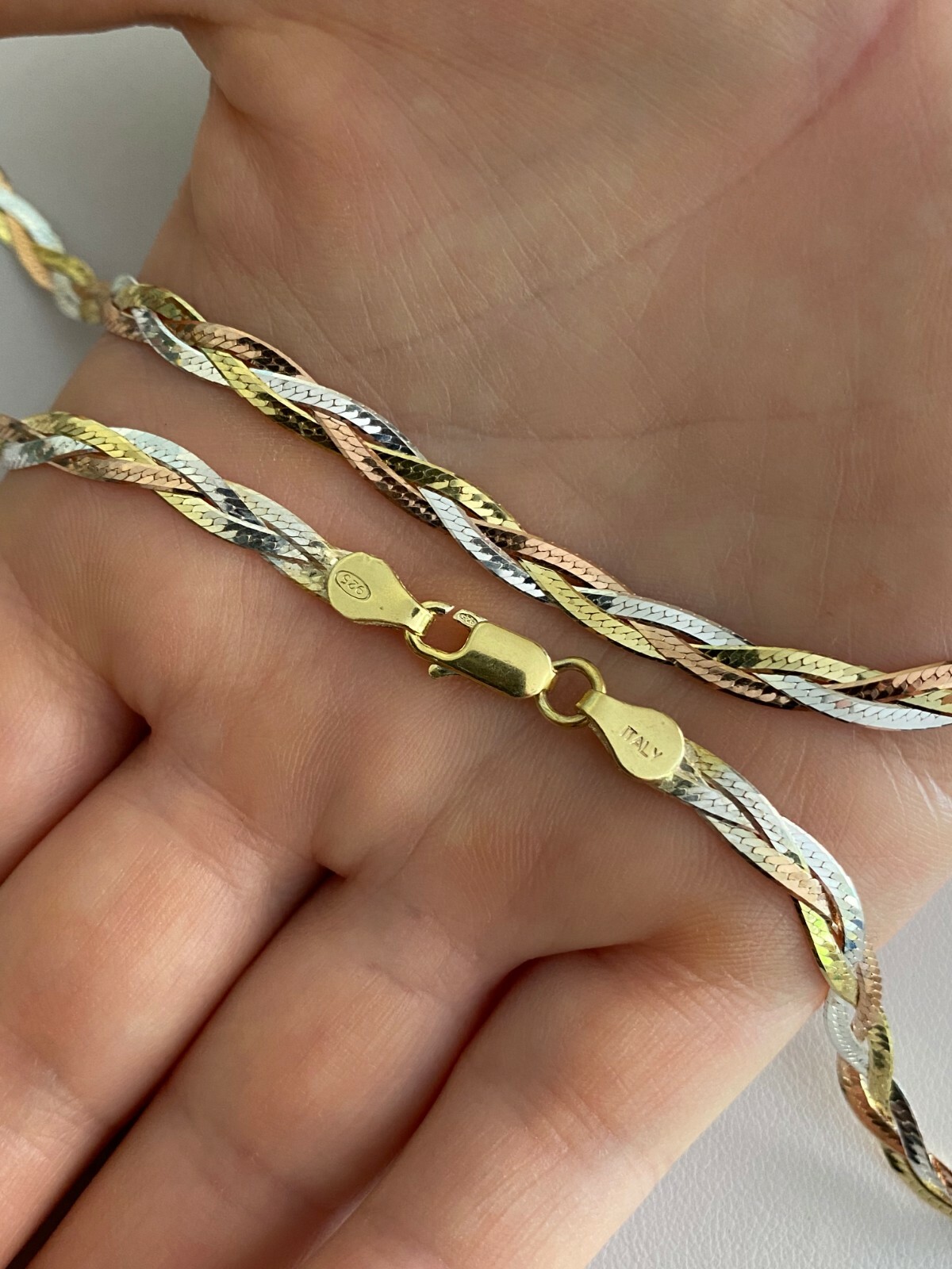 925 Silver Tri-Color Yellow Rose Gold Plated Twisted Braided Herringbone Chain