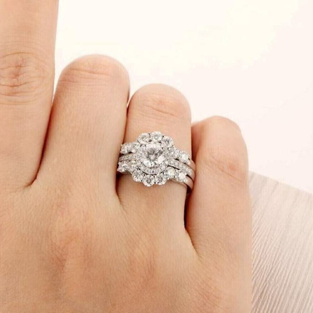 3 Ct Round Simulated Engagement Trio Bridal Ring Guard Set 14K White Gold Plated