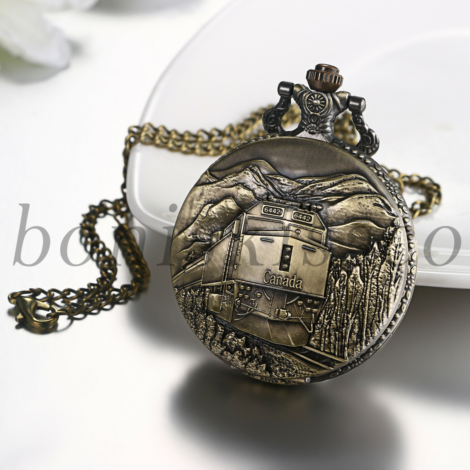 Vintage Bronze Canada Steam Trains Quartz Pocket Watch Necklace Sweater Chain