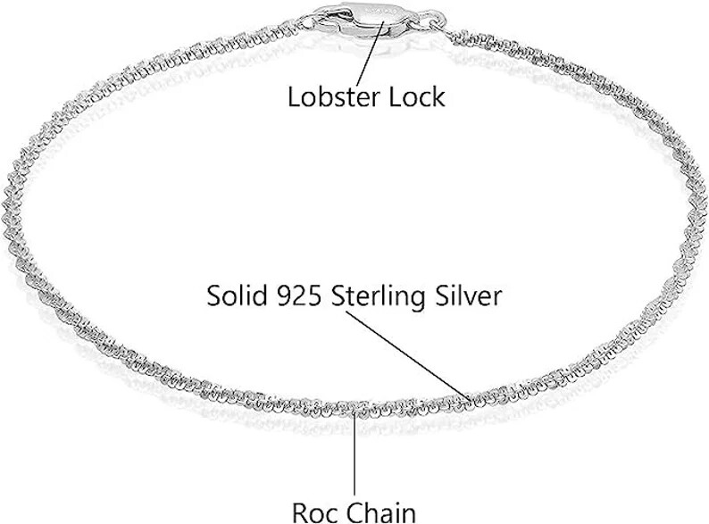 Italian 925 Solid Sterling Silver 2MM DIAMOND CUT Roc Anklet Chain 9″ or 10″