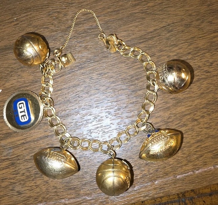 1940s & 1950s 12K GF Spartan Charm Bracelet Gold Football Basketball GTE Charm