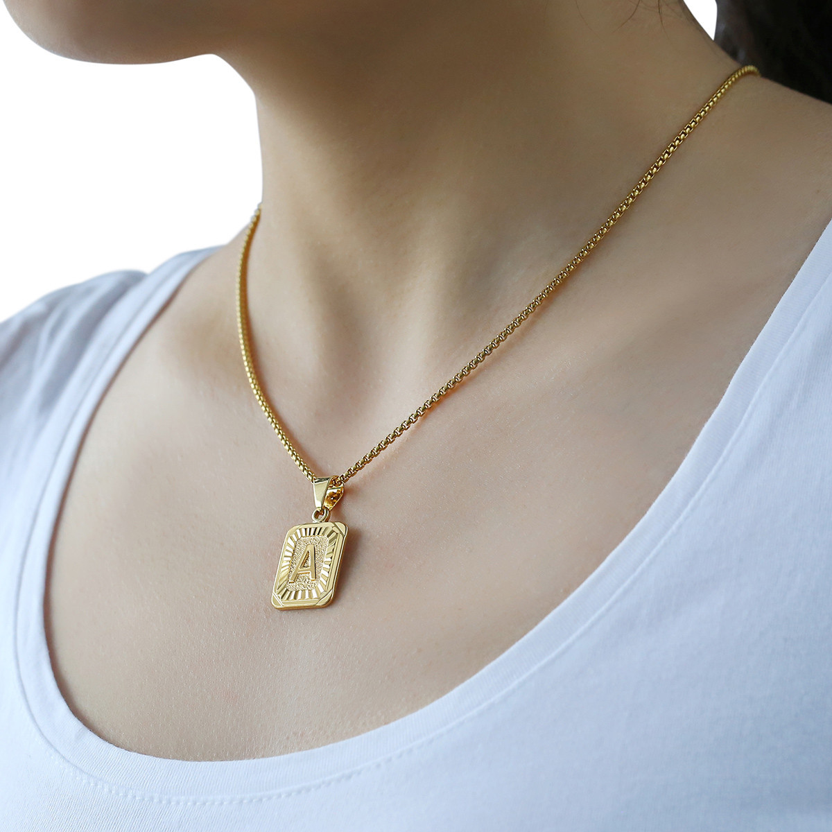 Yellow Gold Plated Stainless Steel Initial Letter A-Z Pendant Necklace Box Chain