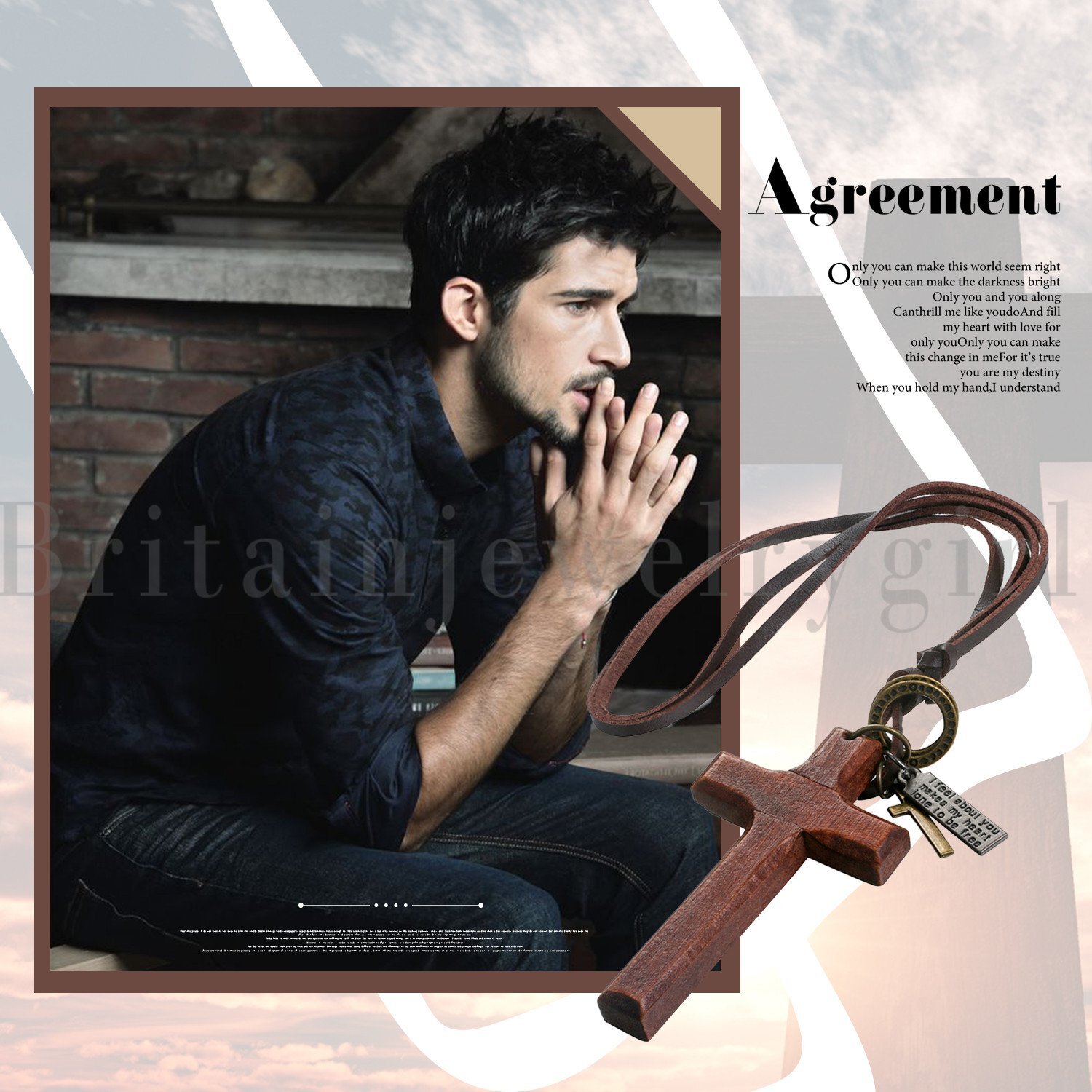 Flongo Vintage Wooden Cross Pendant Leather Rope Necklace Adjustable Men Women