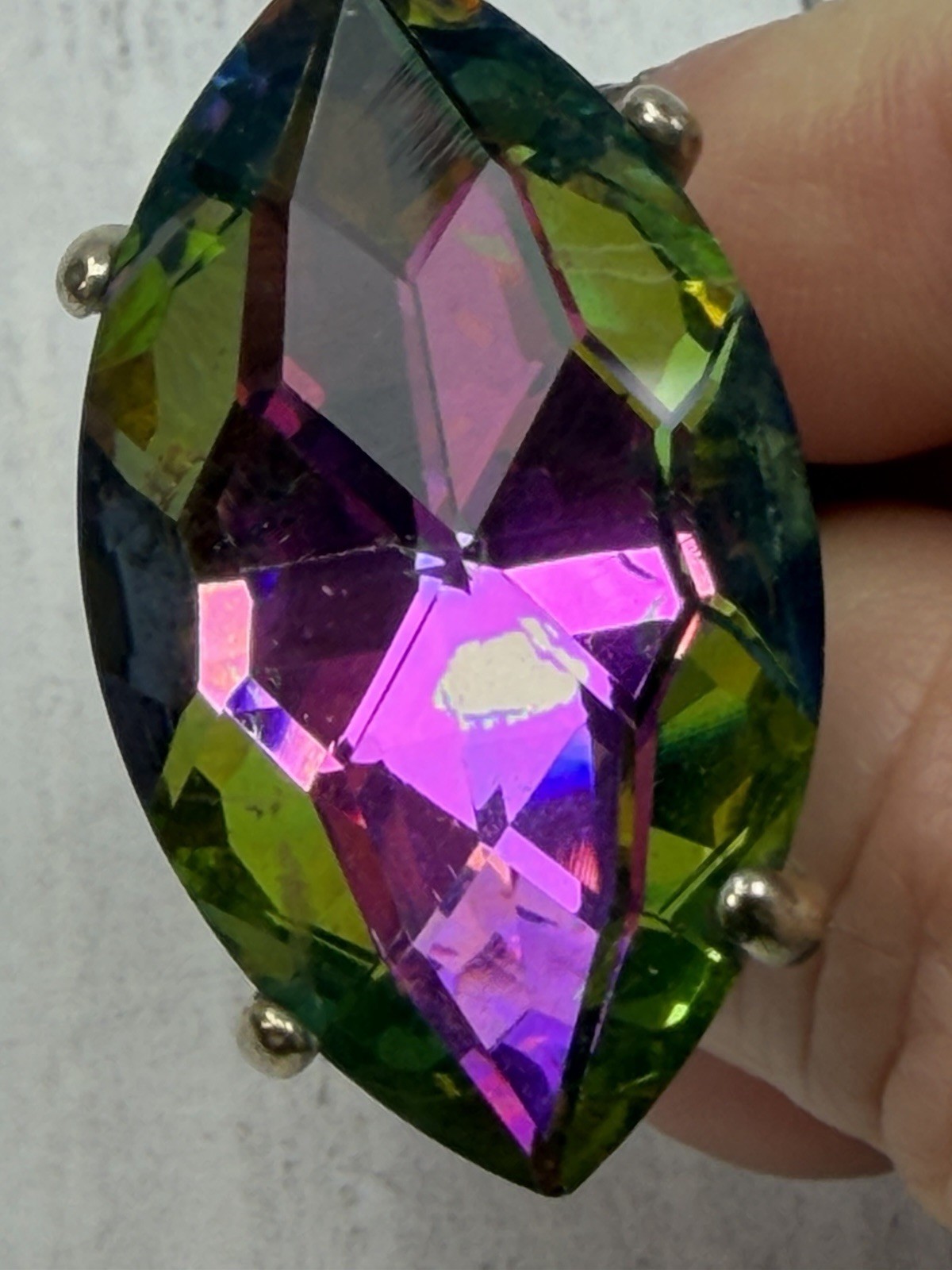 Large Rainbow Foil Backed Crystal Pear Cut Silver Tone Statement Ring Size 5