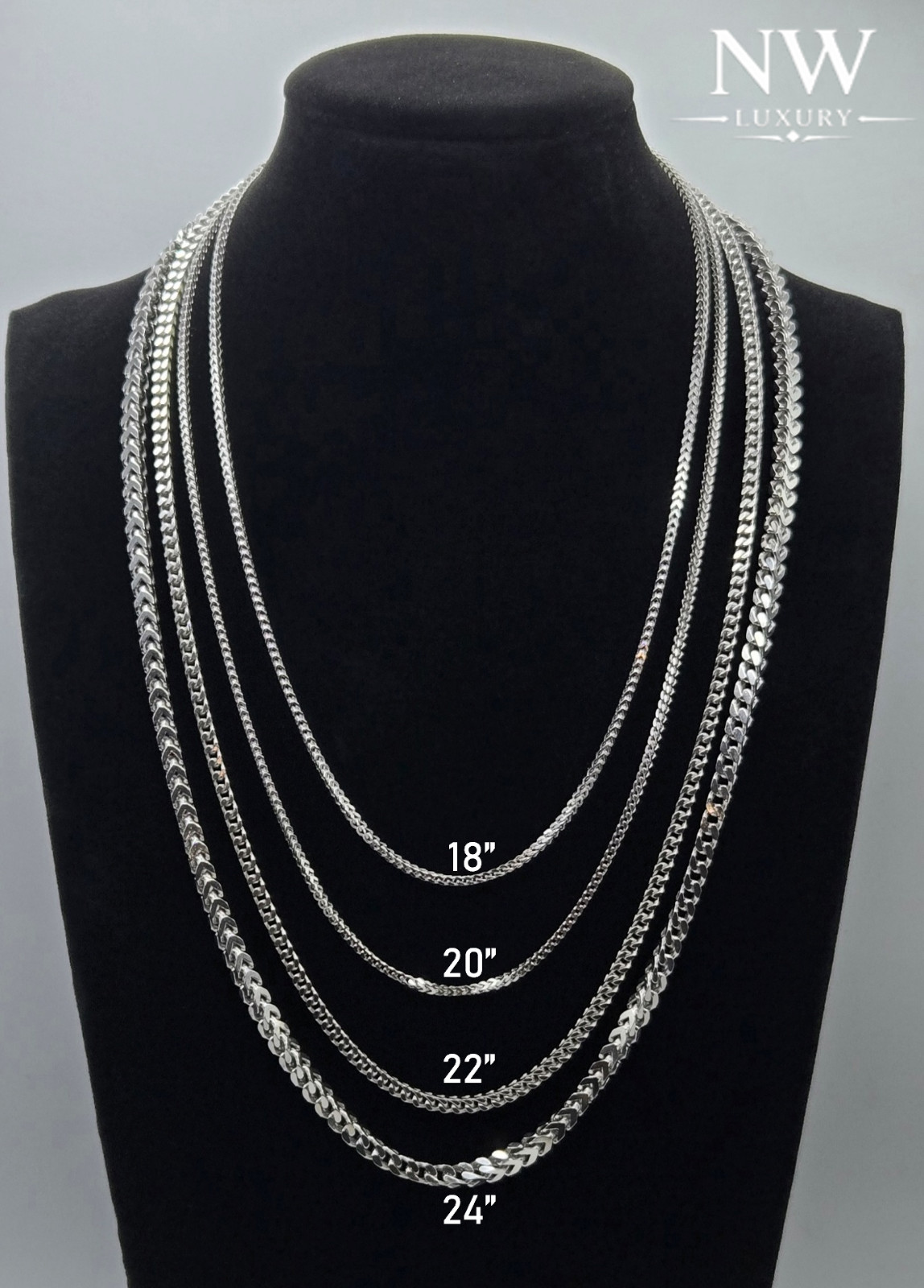 Real Franco Box Chain Necklaces RHODIUM, 2MM – 5MM, 925 Sterling Silver, Italy