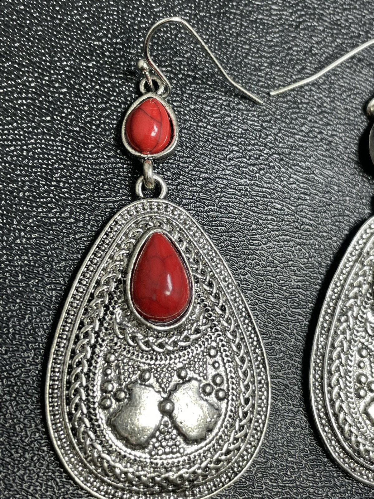 Vintage 2.5” Bohemian Faux Red Turquoise Dangle Earrings