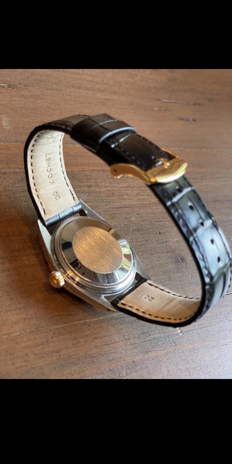 Rolex Date 1601 Mens Stainless Steel 18K Gold Watch Leather Band Champagne Dial