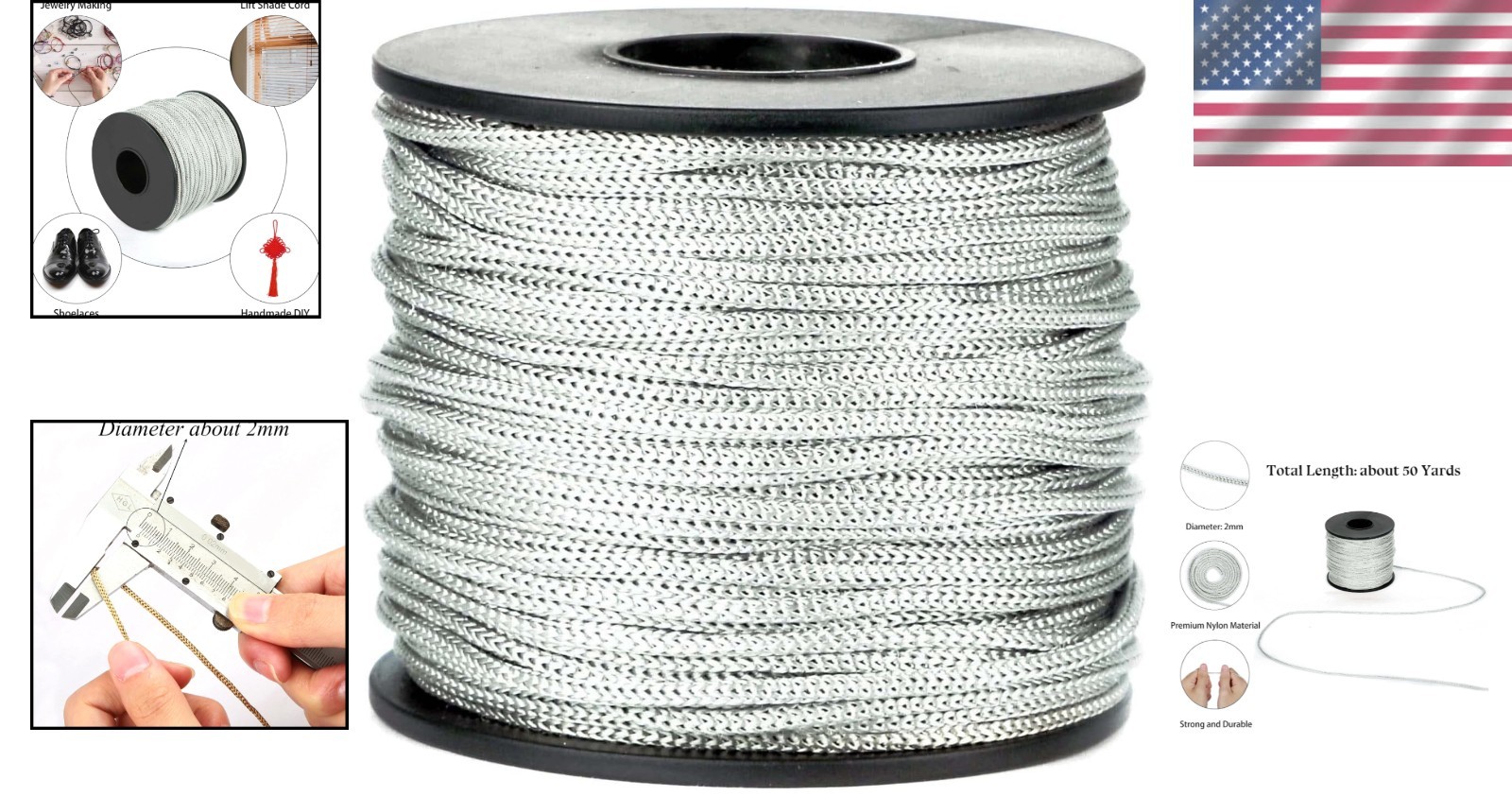Versatile 2mm Braided Nylon Satin Cord, 50 Yards for Jewelry and Home Decor