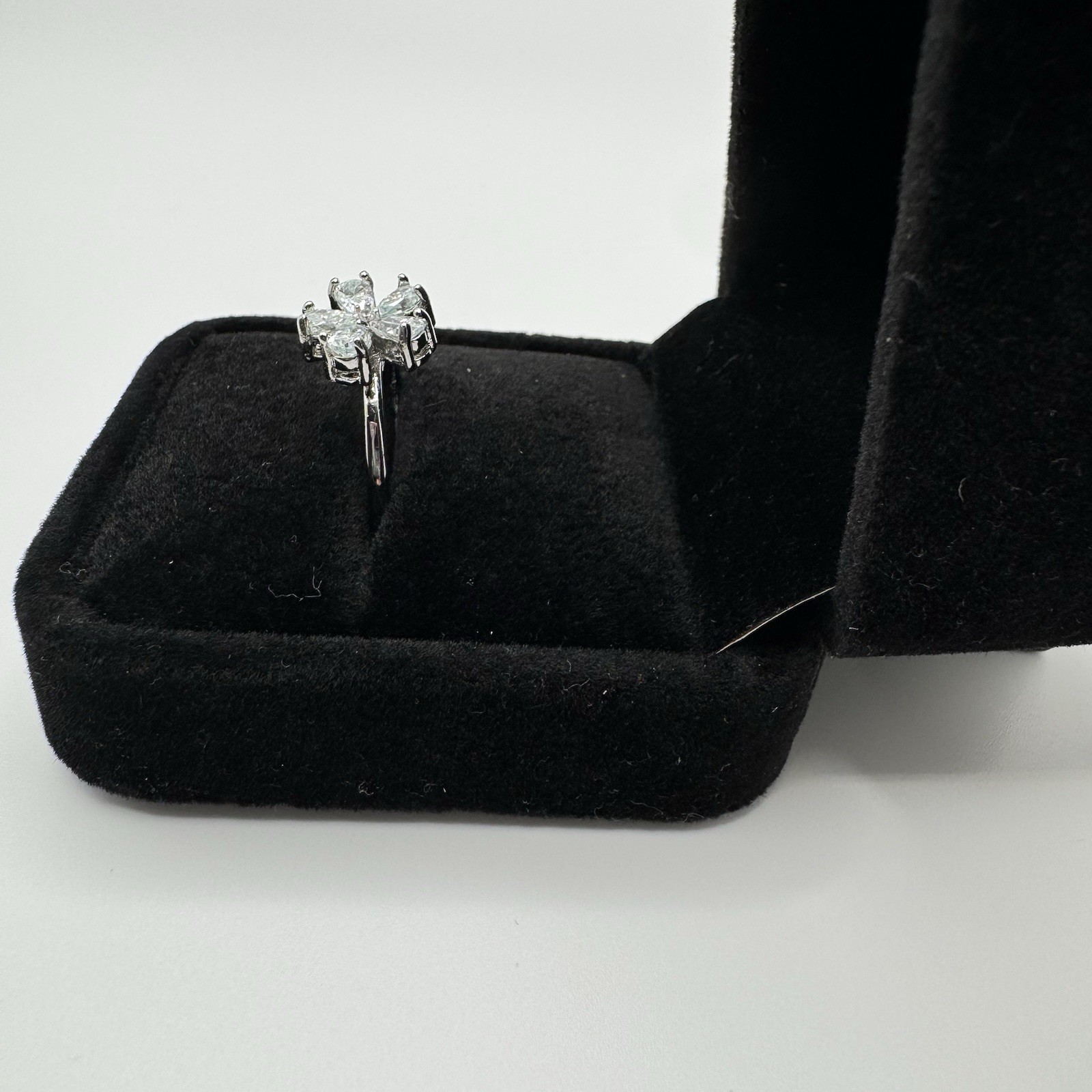 Silvertone Moissanite Floral Cluster Ring With Five Pair Shaped Petals