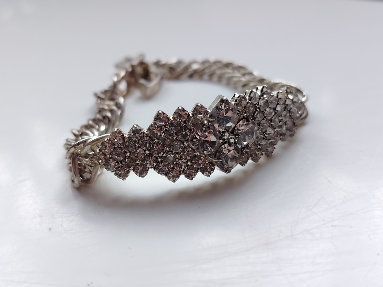 Vintage Riviera Rhinestone Bracelet Silver Tone Snap Clasp Foil Backed Glass