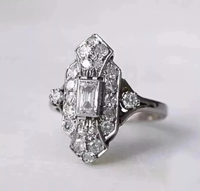 Art Deco Vintage Style Lab Created Diamond Engagement 14K White Gold Finish Ring