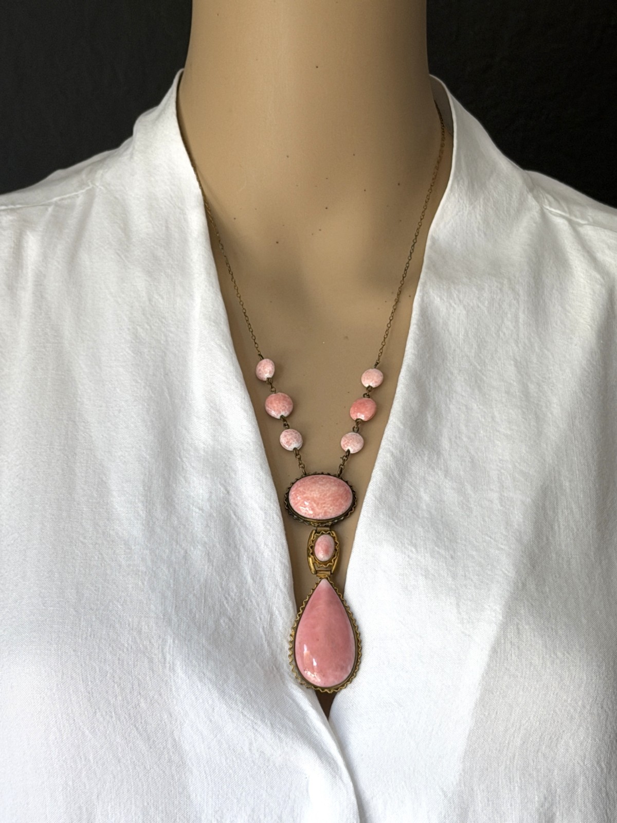 Antique Vintage 1930s Signed CZECH Art Deco Pink Peking Glass & Brass Necklace