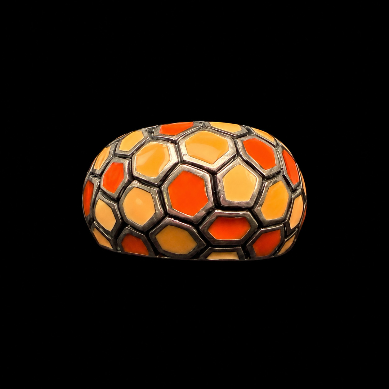 Vintage Thailand 925 Sterling Silver Orange Enamel Honeycomb Dome Ring – Size 8