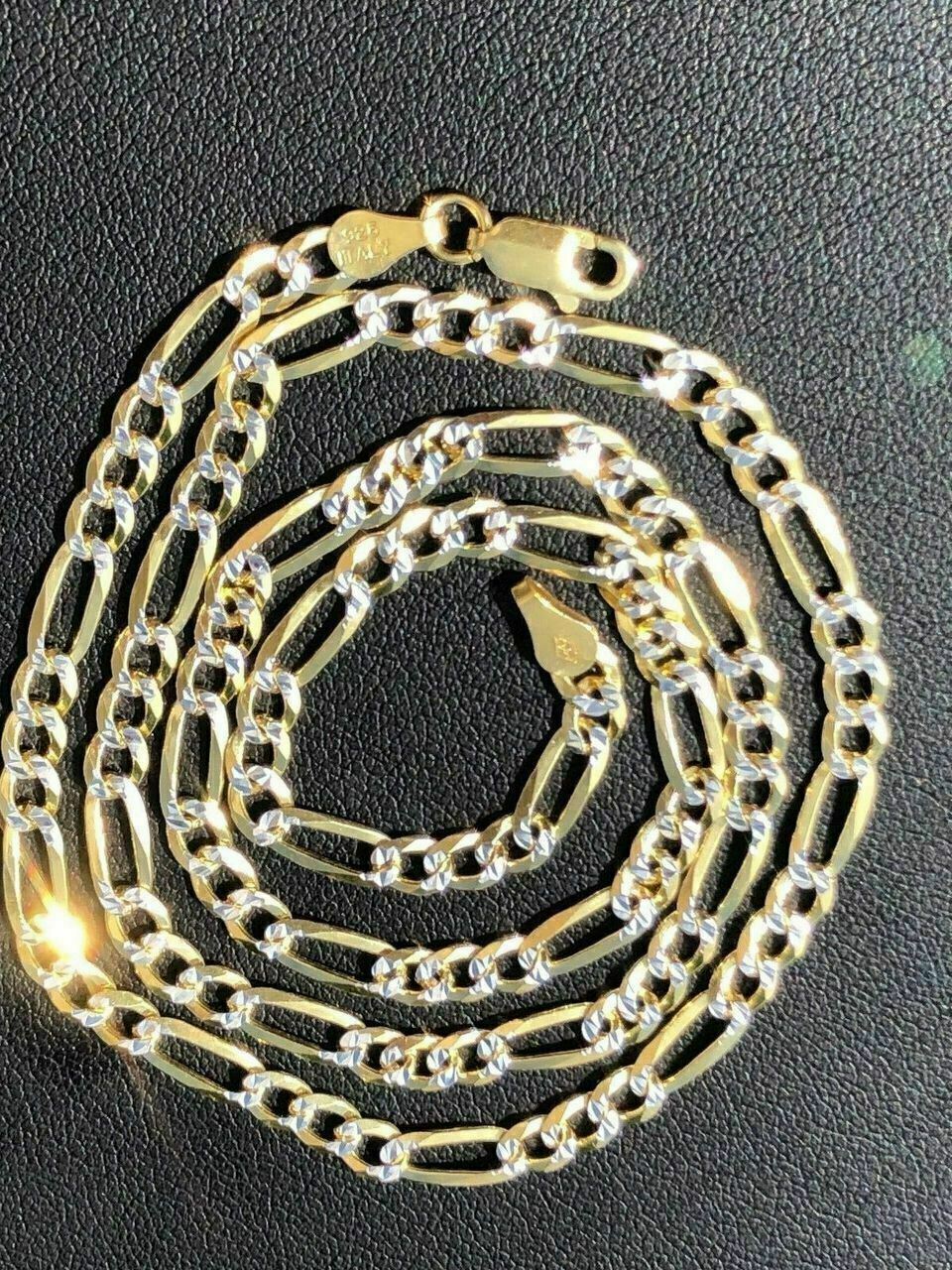 Figaro Chain Two Tone 14k Gold Plated Solid 925 Silver Diamond Cut Men Women 4mm