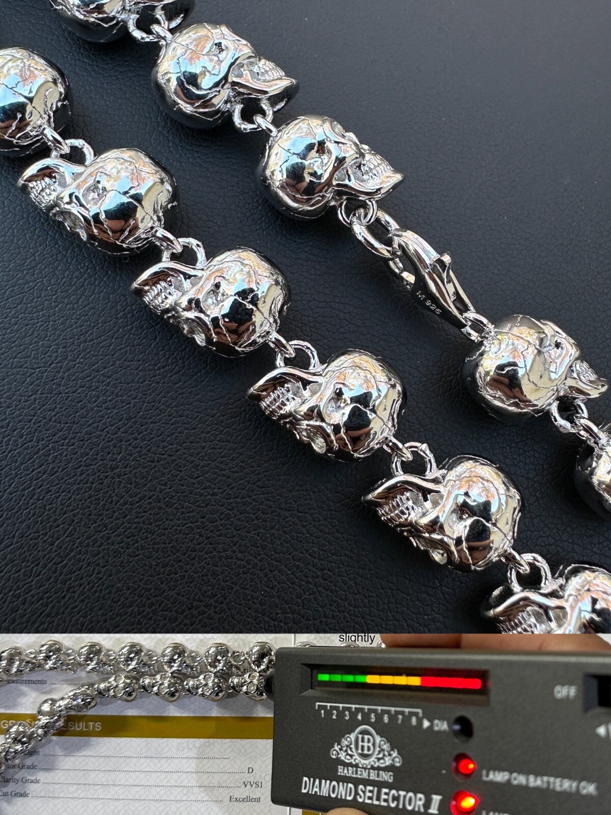 Custom Solid 925 Sterling Silver Skull Death Link Chain Necklace W. Moissanite