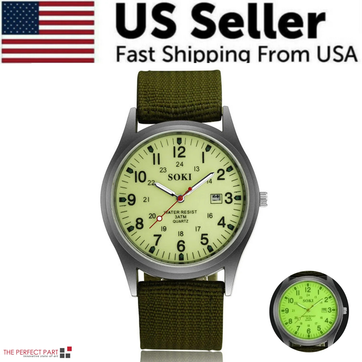 Men Army Luminous Quartz Watch Nylon Strap Date 24H Wrist Watch