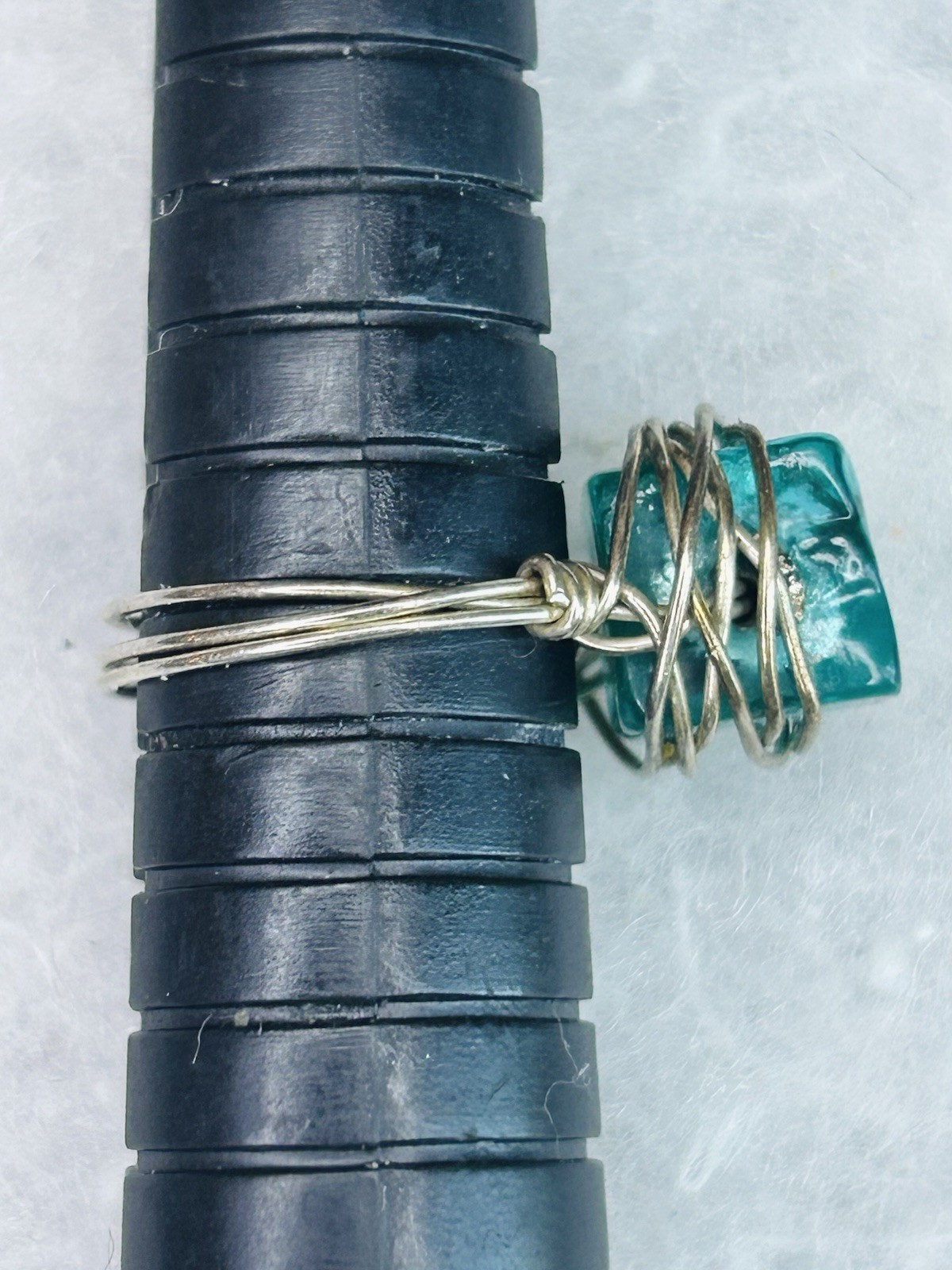 Vintage Artisan Wire Wrapped Aqua Glass Statement Ring (c. 2000s–2010s)