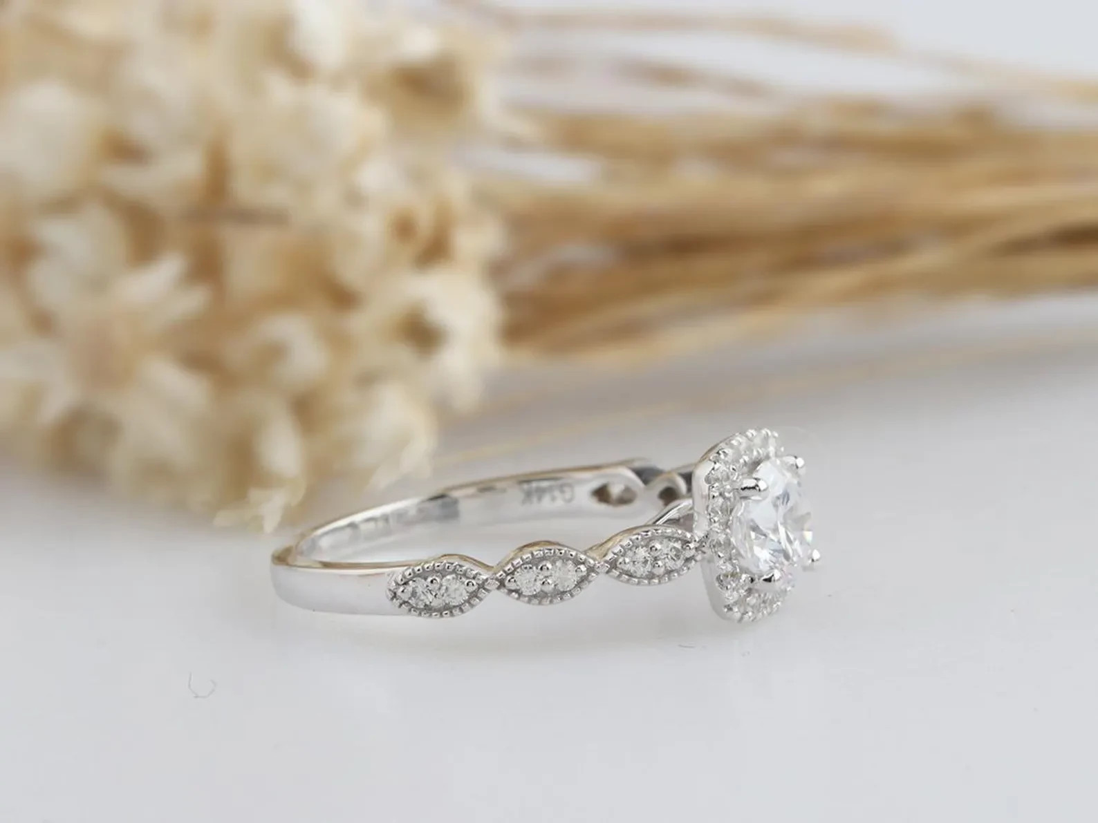 Round Moissanite Engagement Ring In Sterling Silver, Halo Anniversary Ring