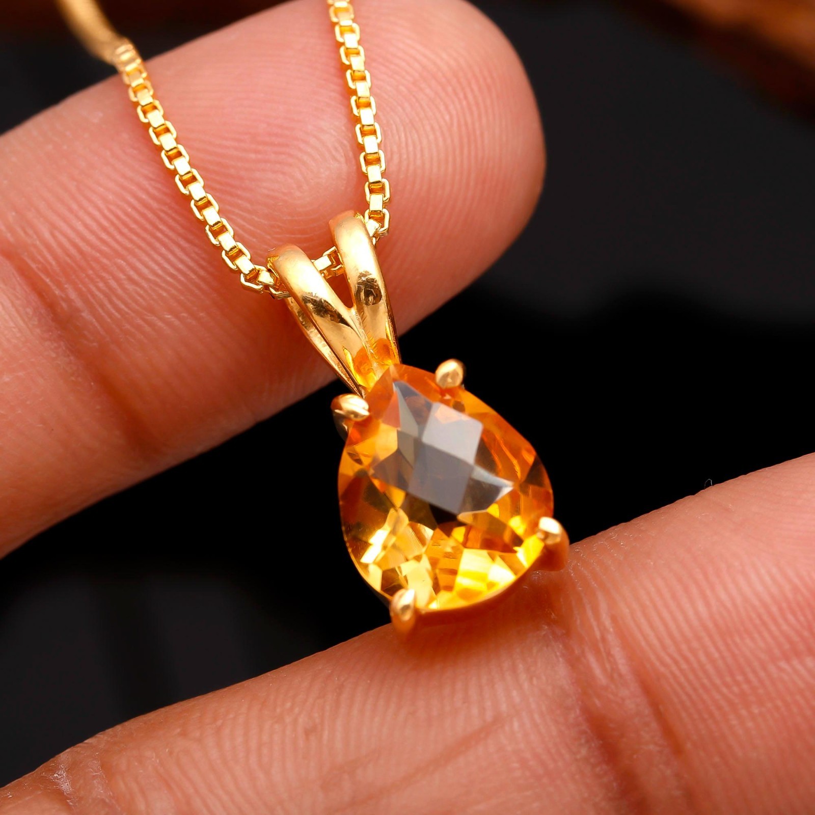 Natural Citrine Quartz Pear Chain Pendant Gold Fill 925 Sterling Silver Jewelry