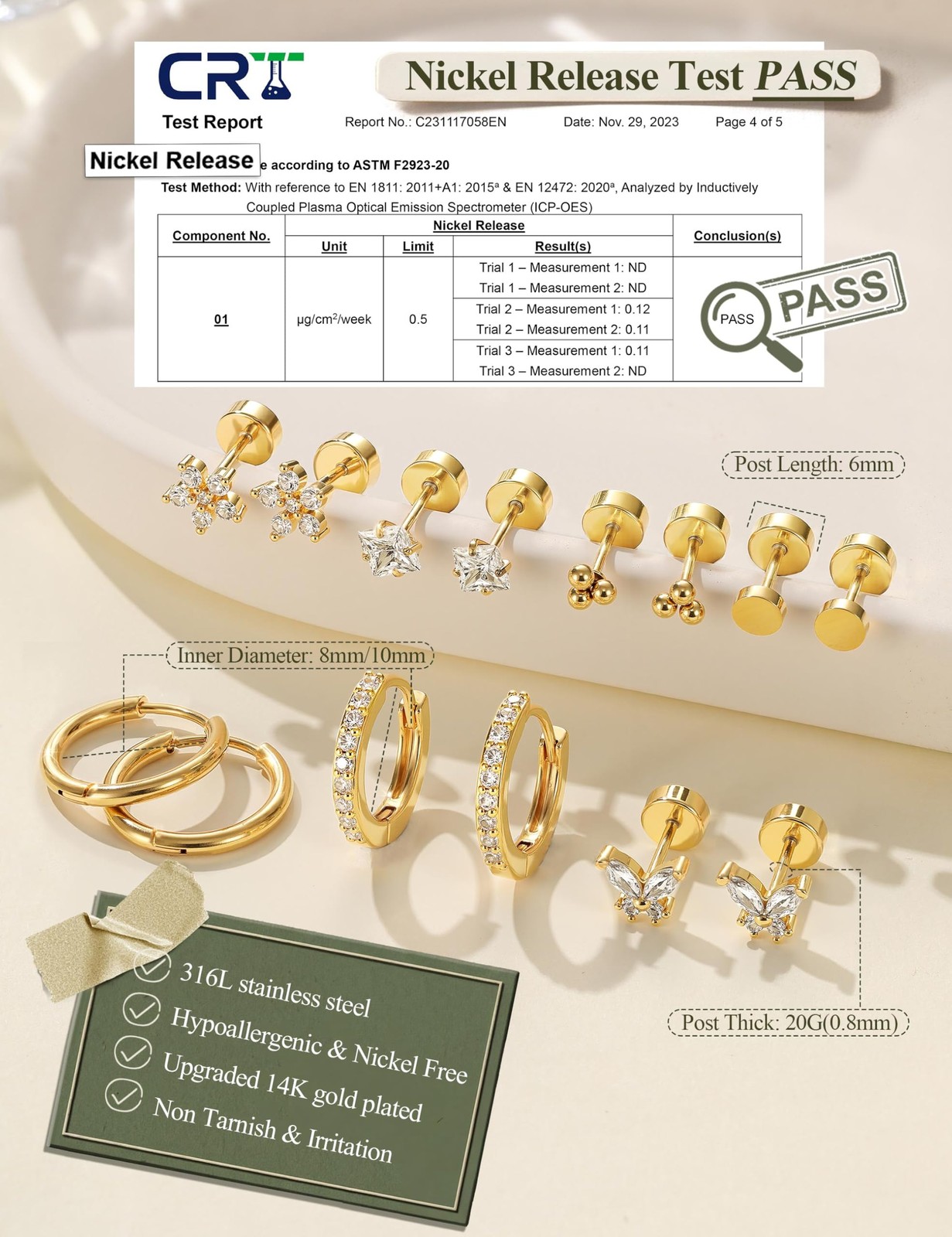 Jstyle 20G (0.8mm), 7mm (stud), 8mm, 10mm (hoop), 14K Gold Plated