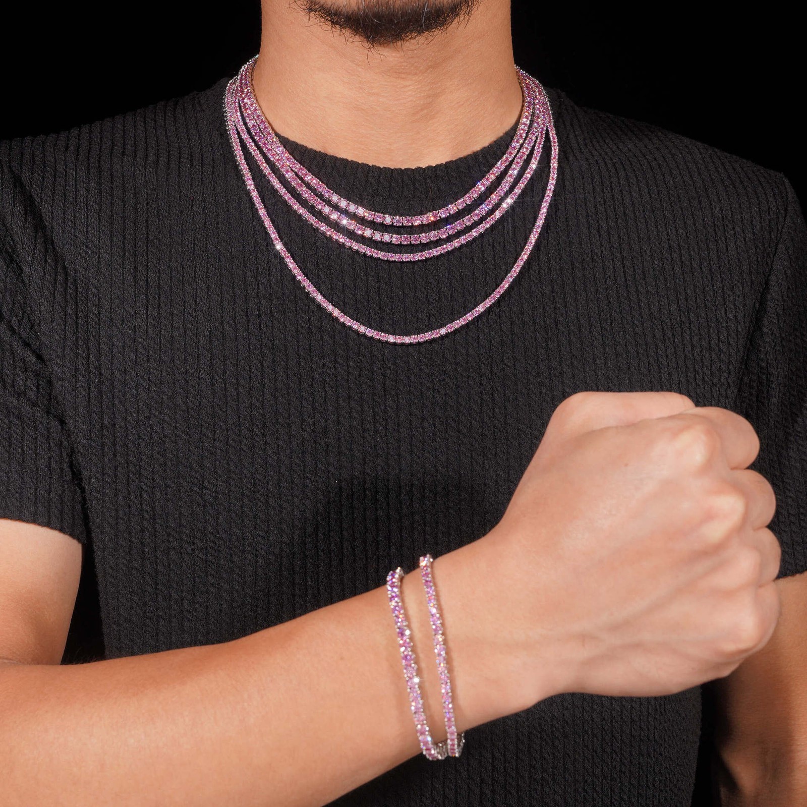 3-4mm PINK VVS1 D Moissanite Tennis Chain Bracelet Necklace 925 Sterling Silver