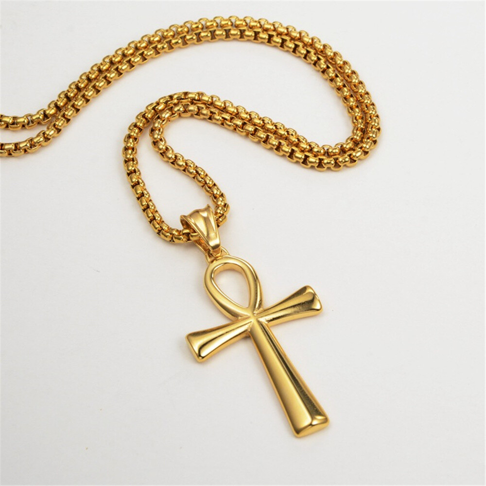 Men Women Cross Necklace Silver Stainless Steel Egyptian Ankh Pendant Chain Gift