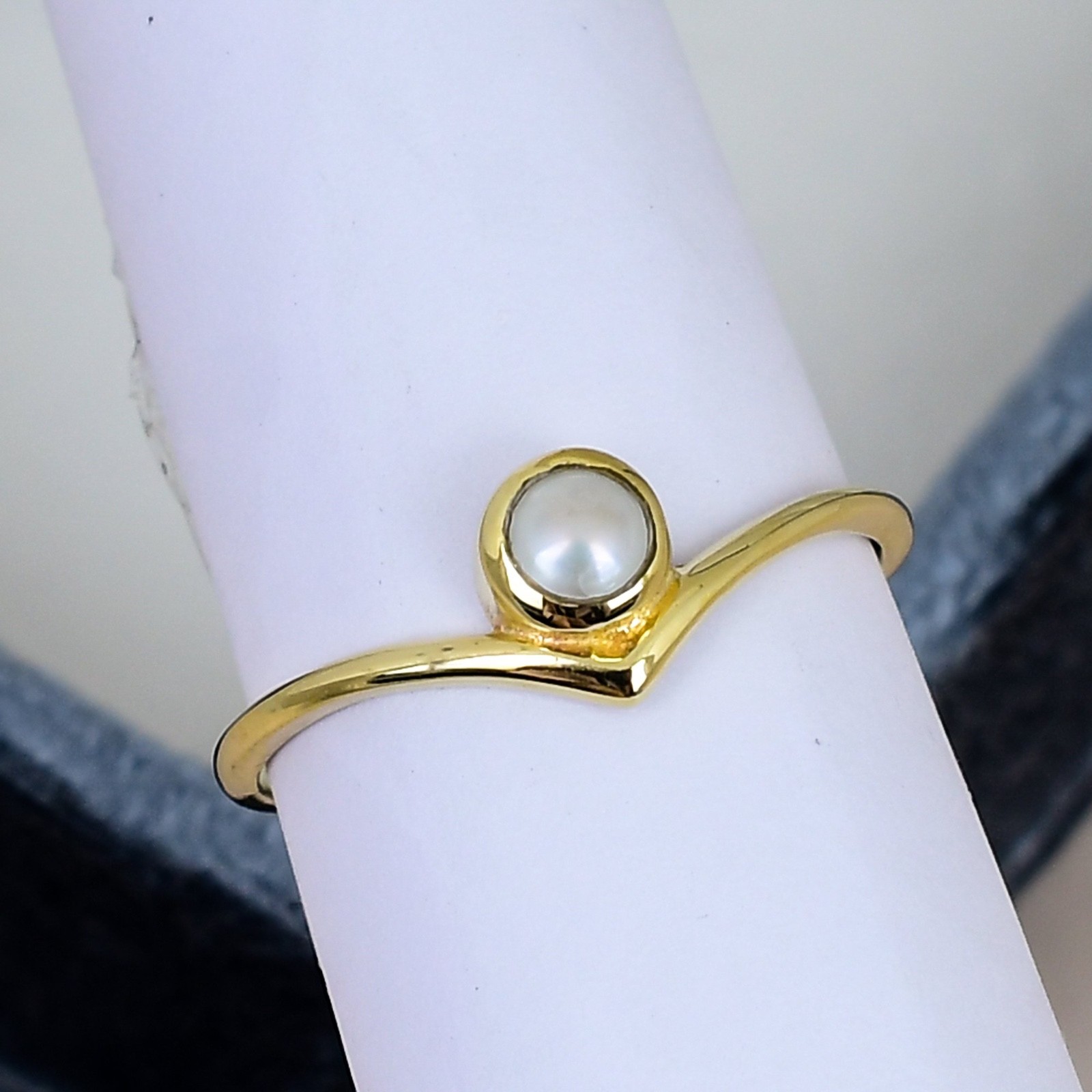 Pearl Ring 18K Gold Plated Round 4mm June Birthstone Minimalist Bezel Ring