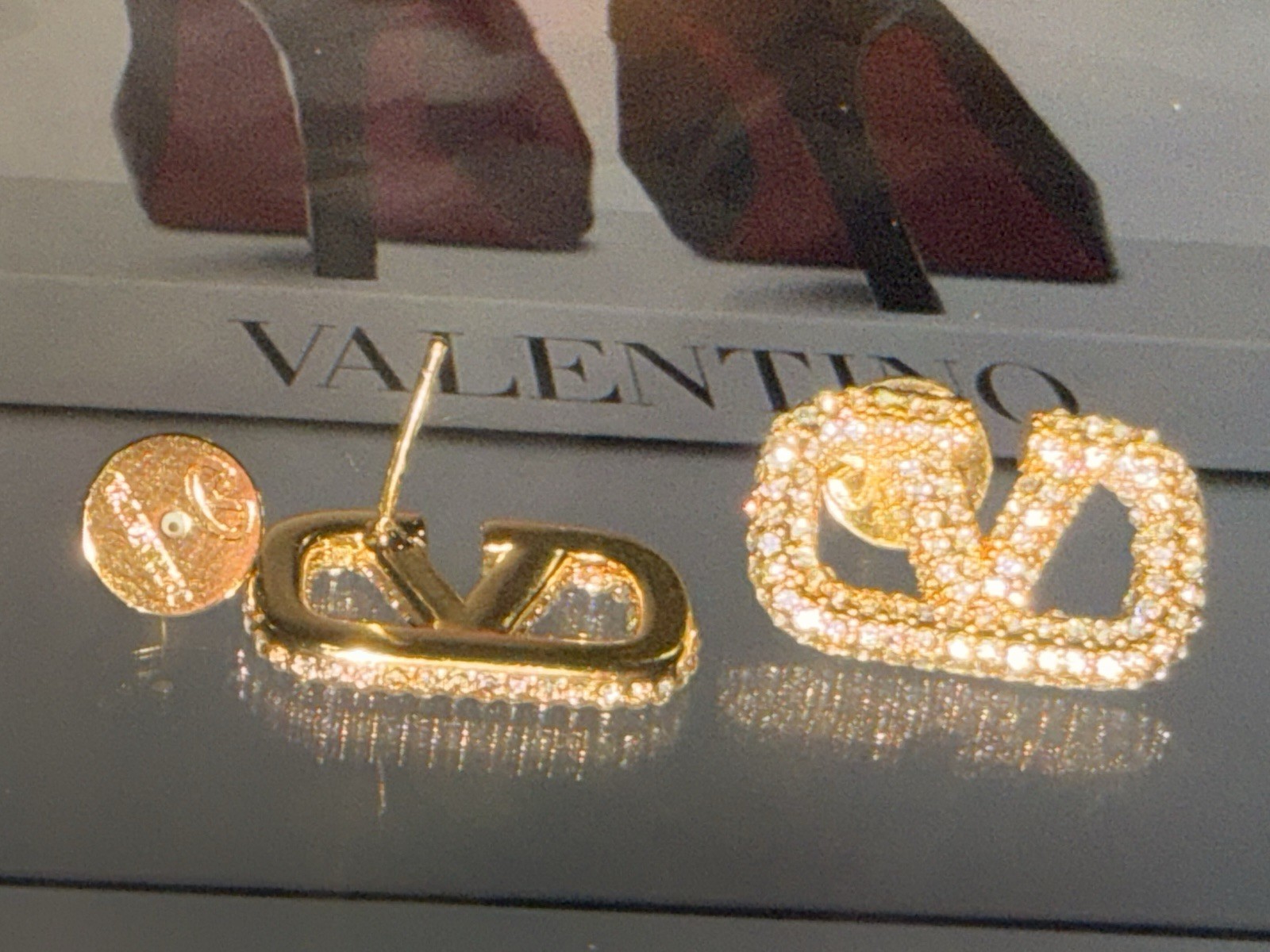 Valentino VLogo Pavé Crystal Gold Tone Stud Earrings, Butterfly Back Signed
