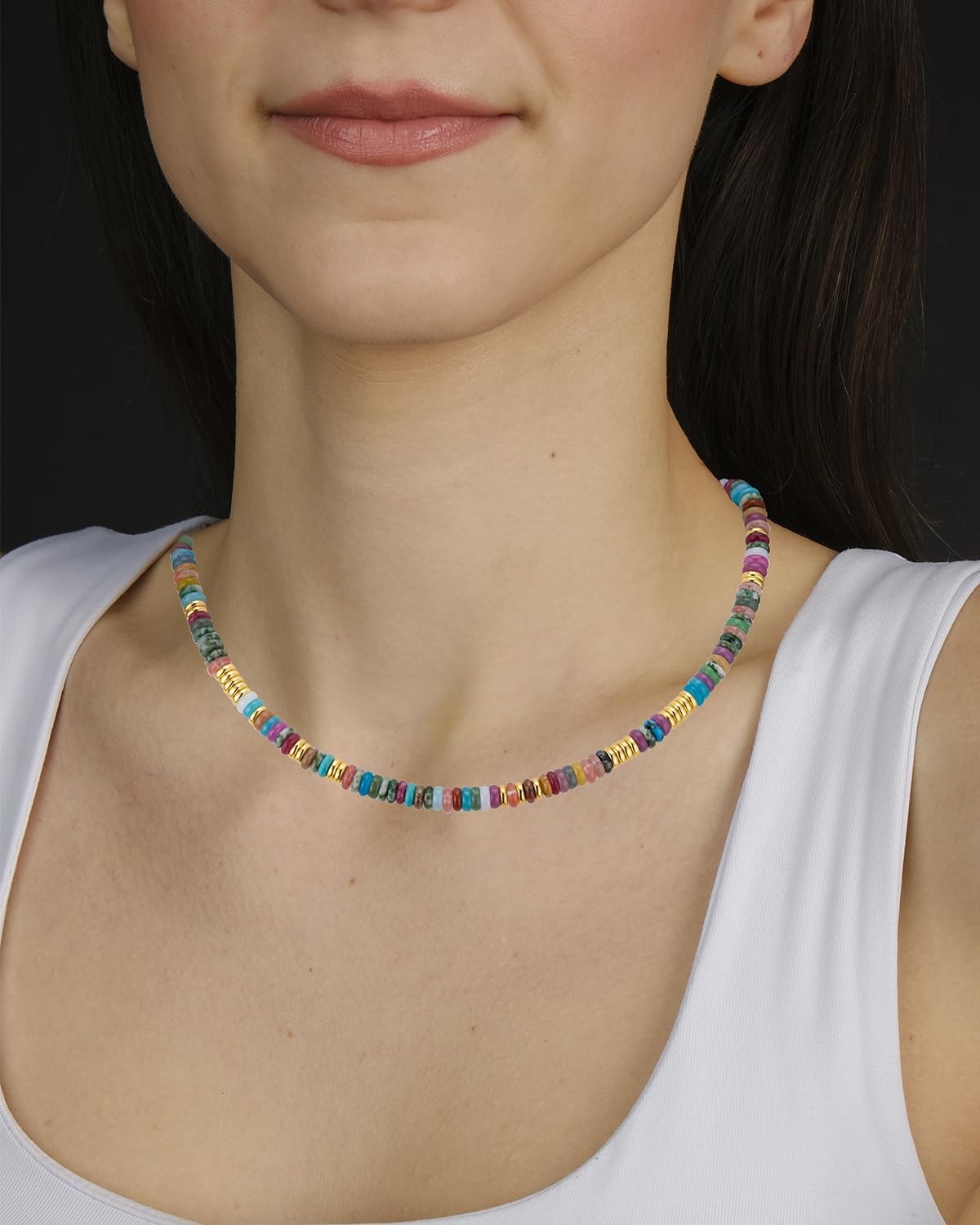 Boho Beaded Necklace for Women, Colorful Natural Stone Choker Necklace, 6MM