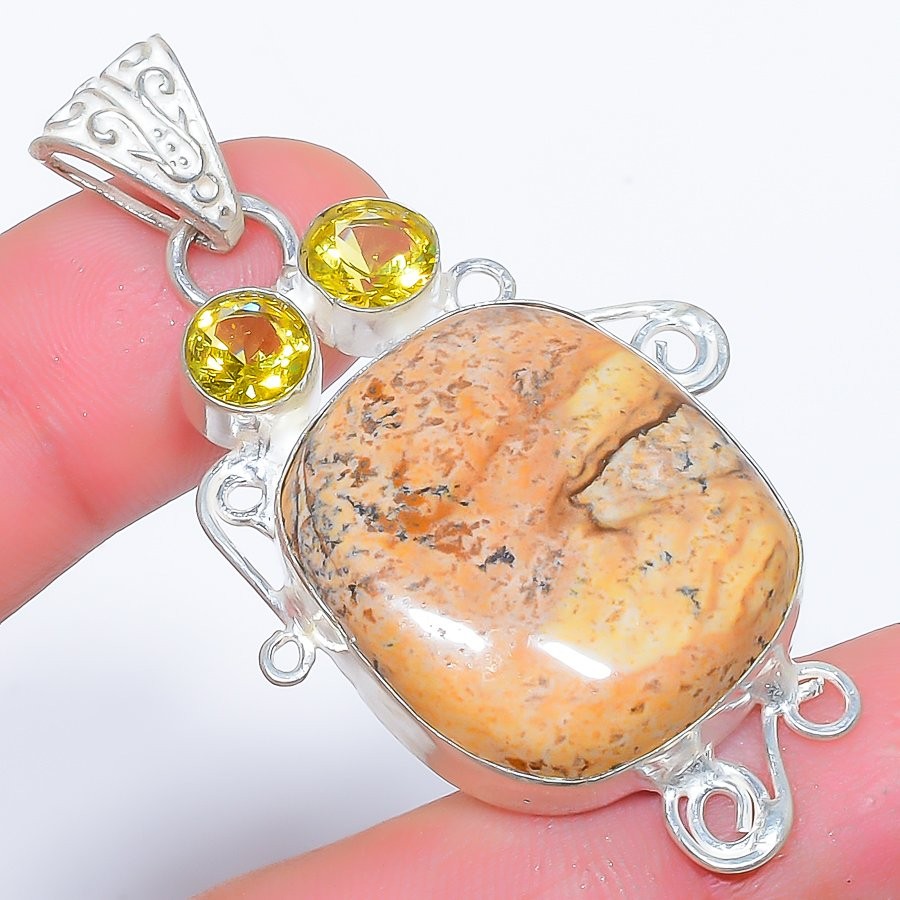 Natural Picture Jasper & Citrine 925 Silver Plated Jewelry Pendant 2.2″ S1986
