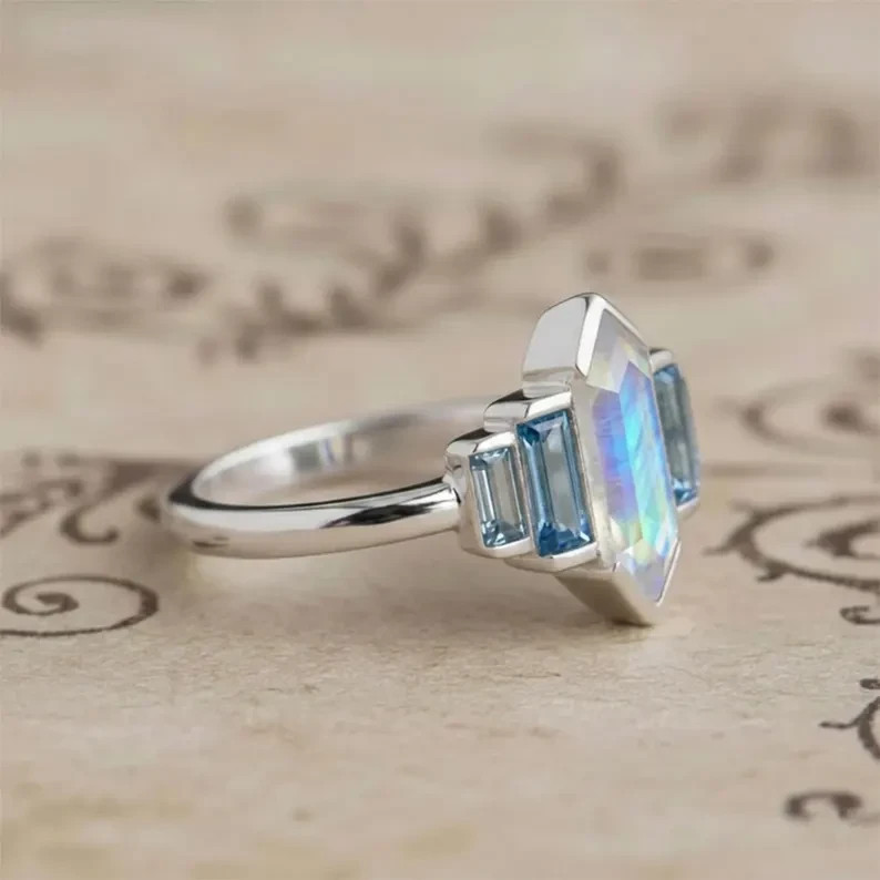 Rainbow Moonstone Blue Topaz Sterling Silver Ring | Art Deco Statement Jewelry