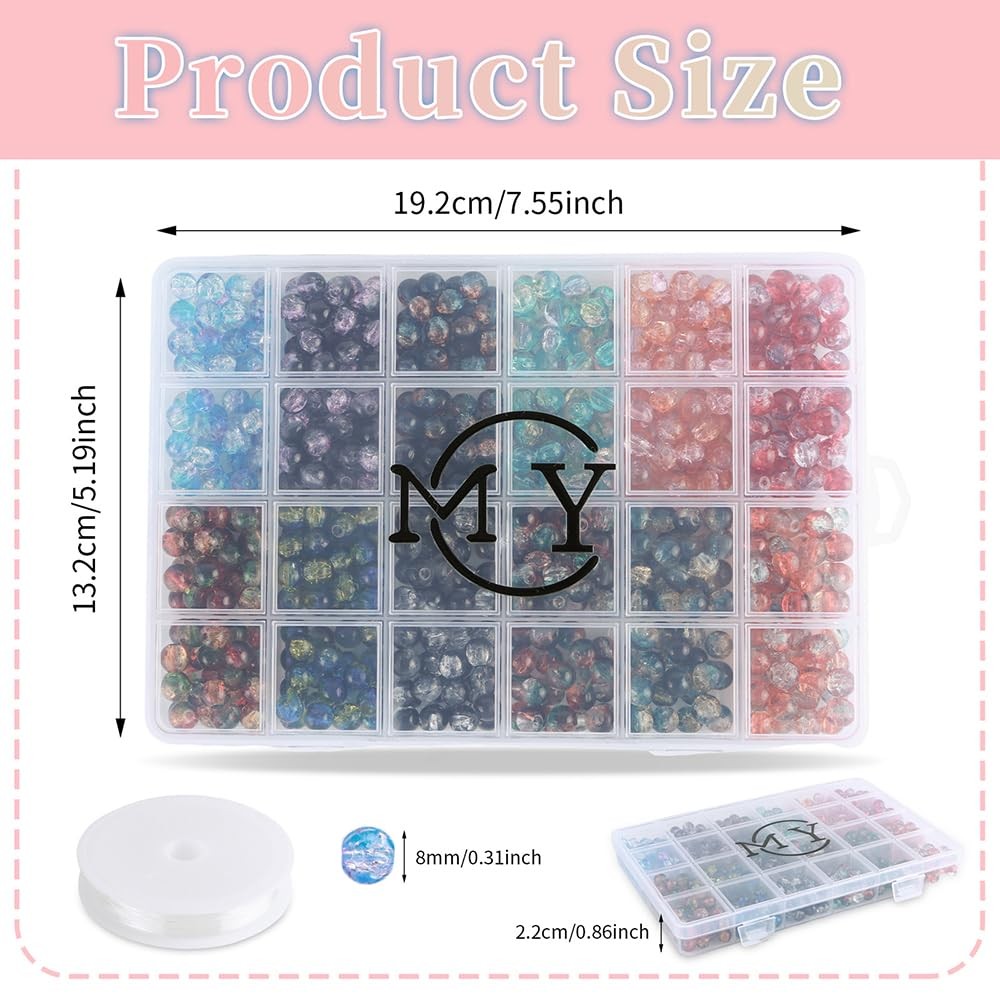 C MY 600pcs 8mm Crackle Glass Beads for Bracelet Jewelry 8mm, Multicolor