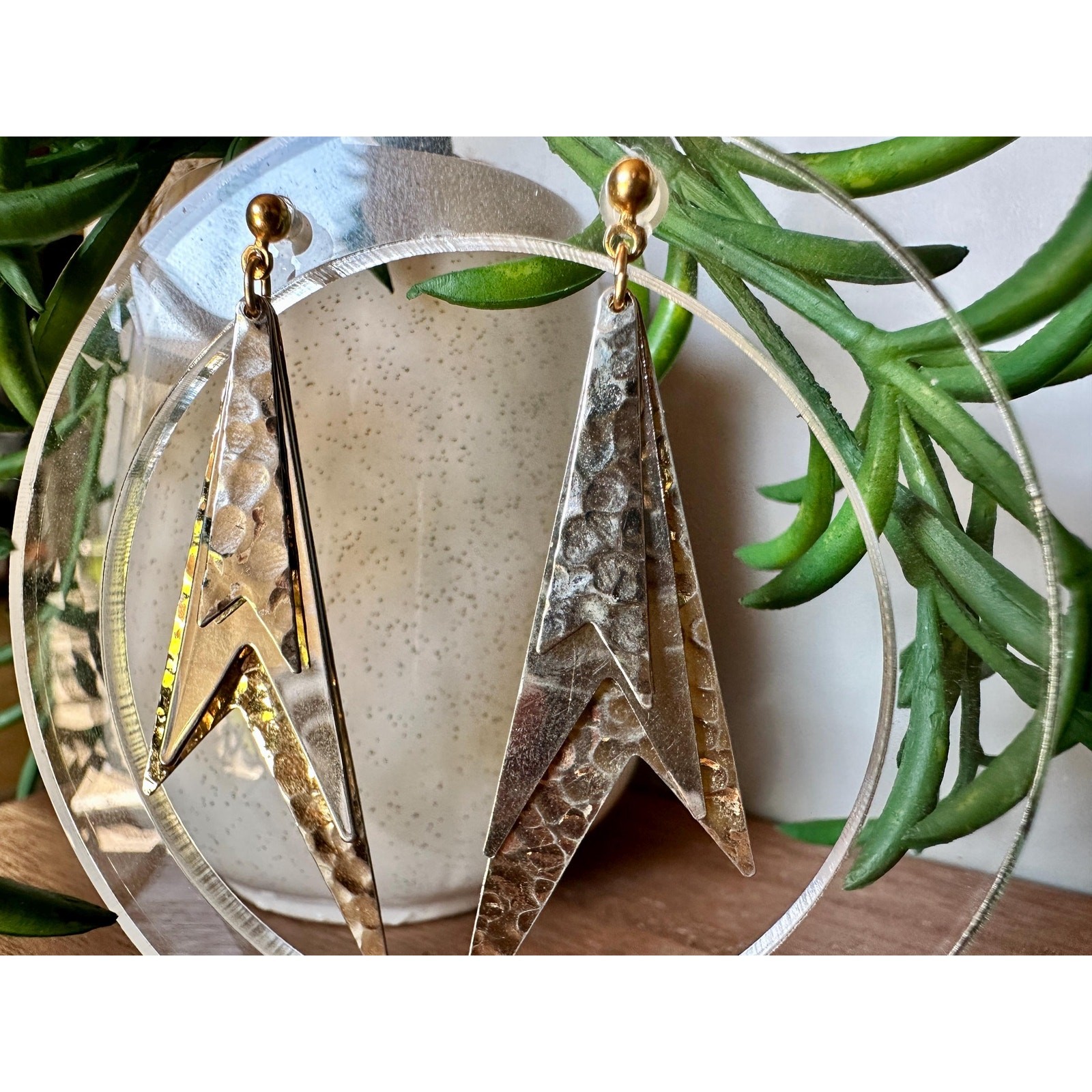 Vintage Two-Tone Hammered Geometric Earrings | Modernist Retro Dangle Jewelry