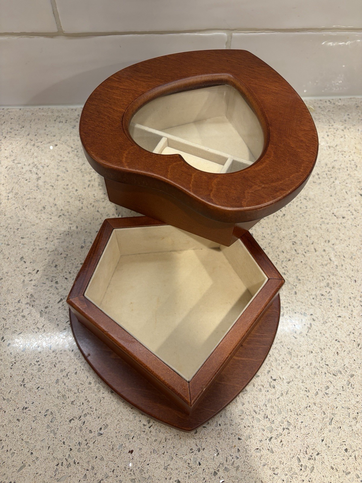 Heart Shaped Wooden Jewelry Box w/ Glass Lid, Velvet Lined Interior