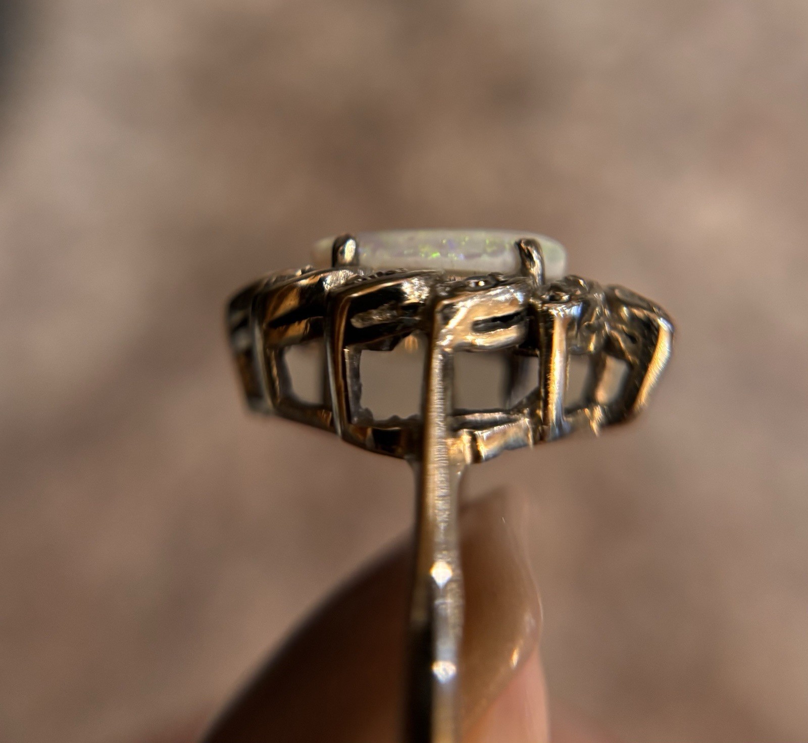 Vintage 14kt White Gold Marquis Opal Diamond Halo Ring