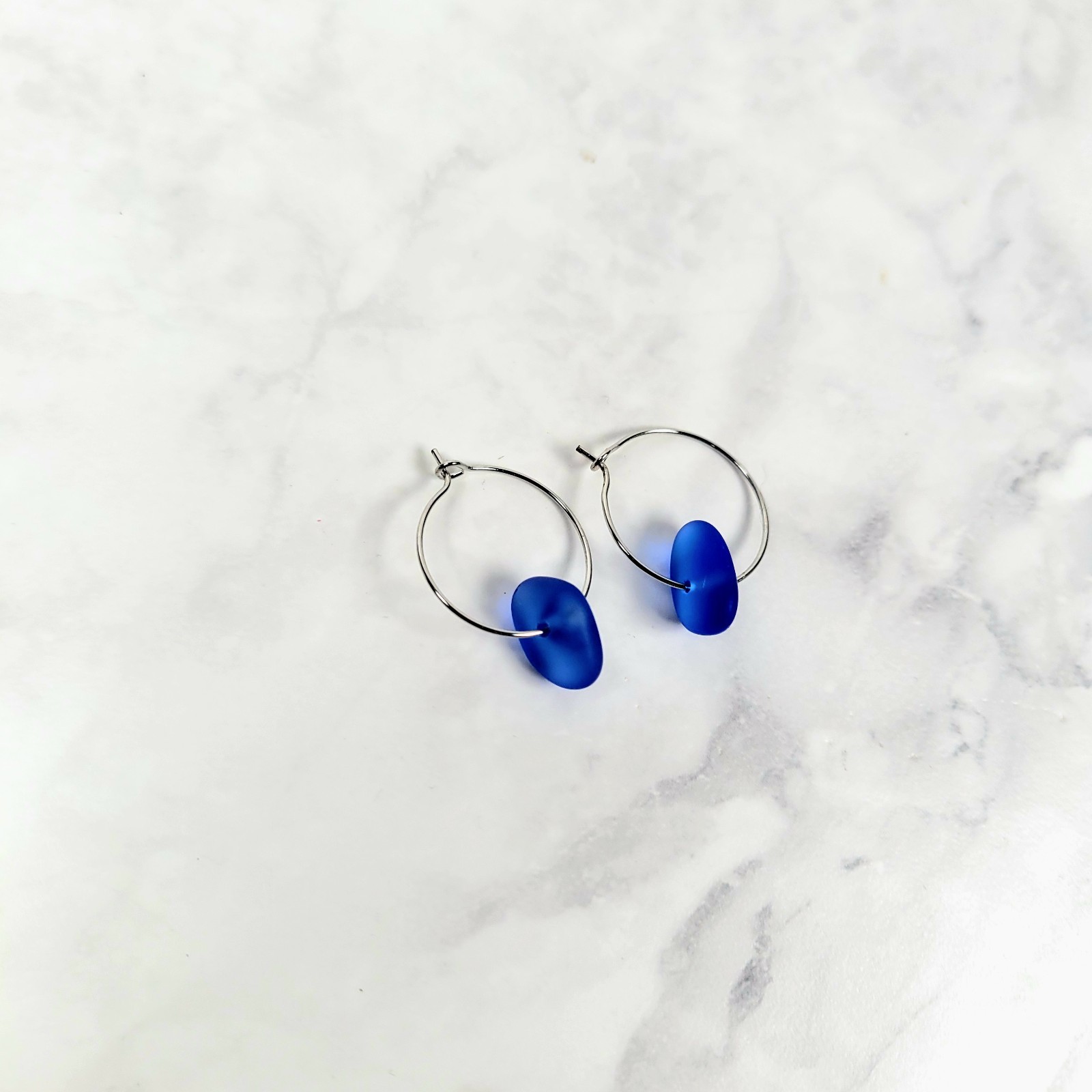 Sea Glass Earrings Blue Handmade – Coastal Boho Hoop Jewelry Gift