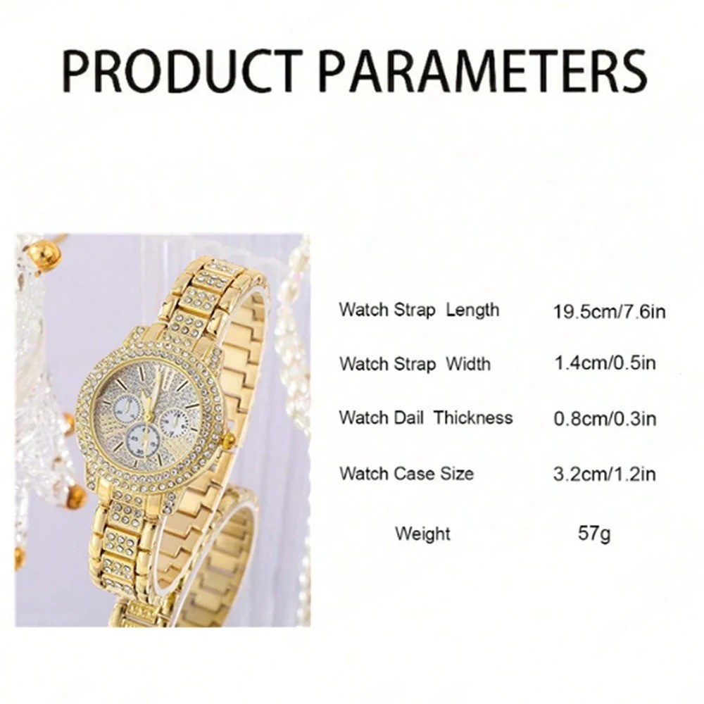 Women Quartz Watch Jewelry Set Gold Ring Necklace Earrings Rhinestone Gift USA