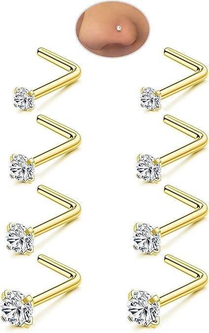 Nose Rings Studs Set for Women Men: 8Pcs 18G 20G 22G 20G/0.8mm, Gold