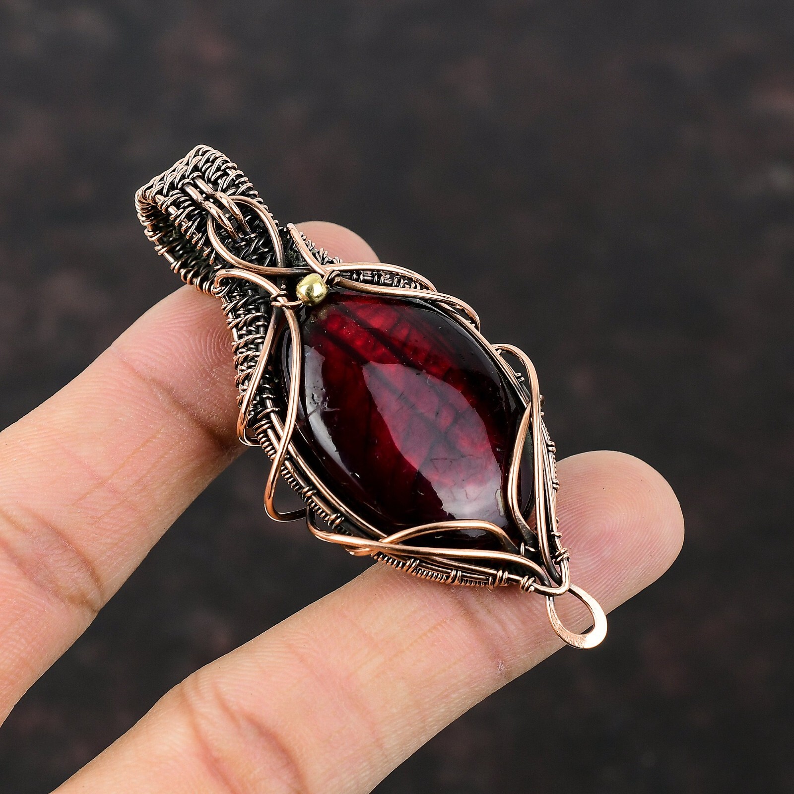 Red Fire Labradorite Copper Gift For Mom Wire Wrapped Pendant 2.76″