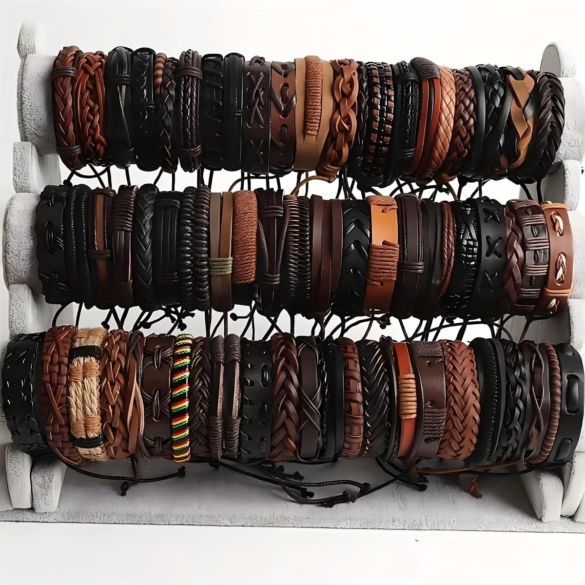 20pcs Braided Leather Bracelets, Wrap Cuff with Wood Beads Hemp for Men & Women