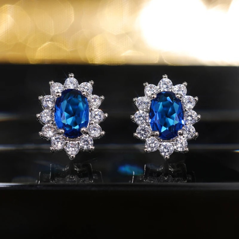 Oval CZ Stud Earrings Full Zircon Wedding Luxury Fashion Jewelry Women